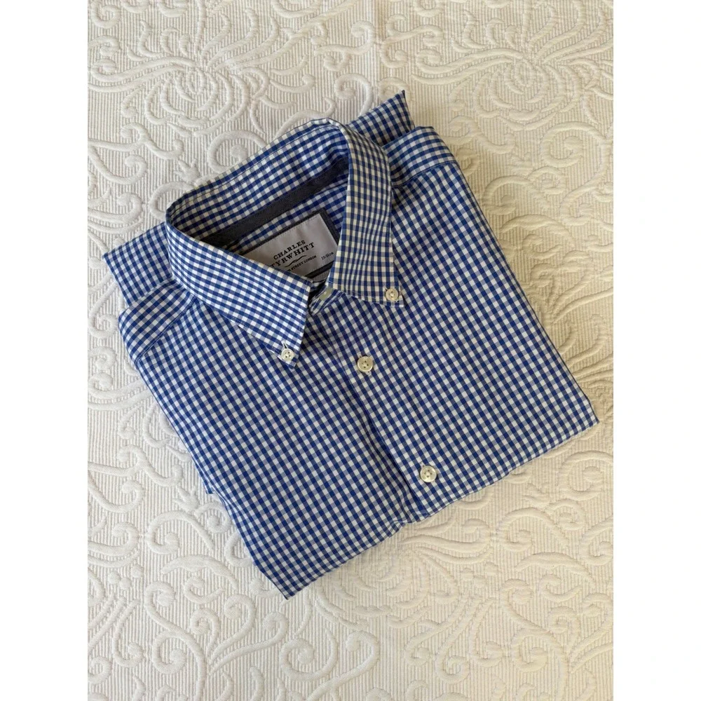 Charles Tyrwhitt Non Iron Classic Fit Shirt Blue White Gingham 15.5 34 Mens